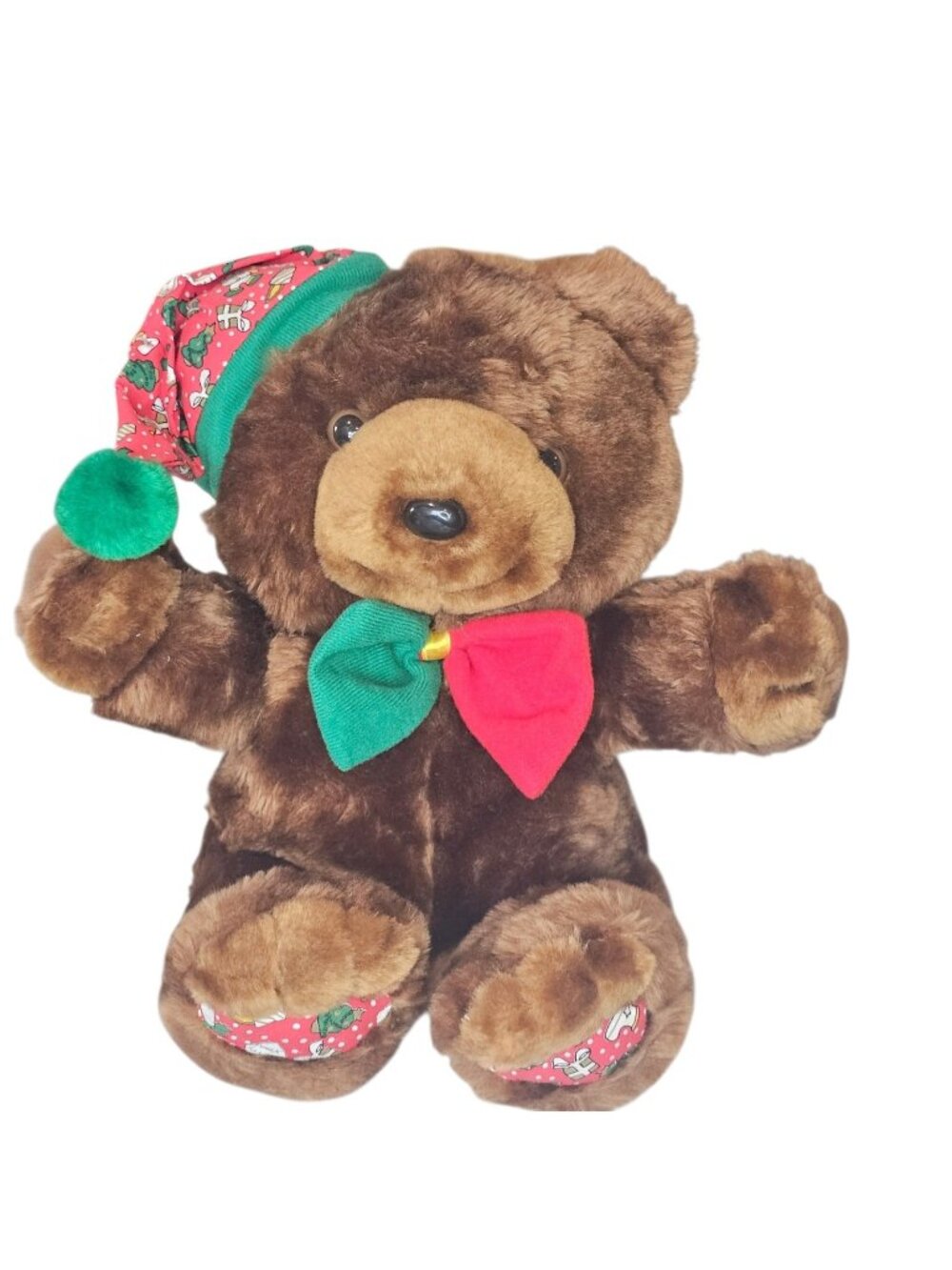 VTG 90s Cuddle Wit Christmas Teddy Bear Brown Hat And Bowtie 10.5"